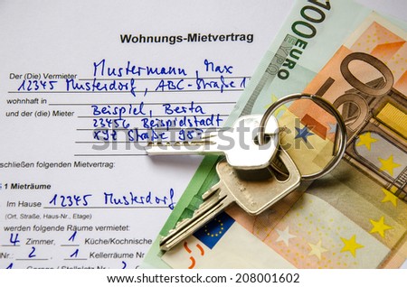 Rental agreement for an apartment with Euros and set of keys
