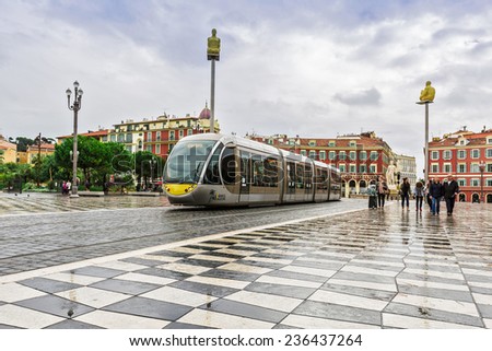 NICE, FRANCE - NOVEMBER 5, 2014: Modern tram in the centre of city. Tram is the main mode of transport in the city. The tram line connects the western and eastern parts of the city.