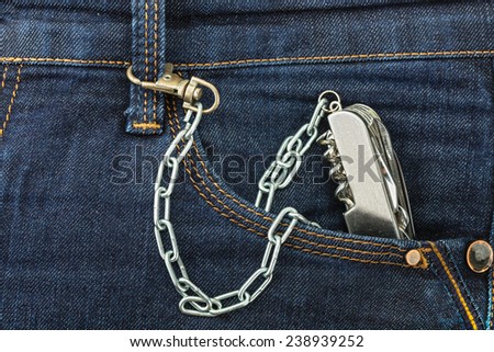 Pocket knife on a chain in the pocket of trouser