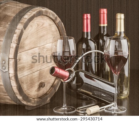 Wine still life with red wine by the glass and barrel. Old style, sepia