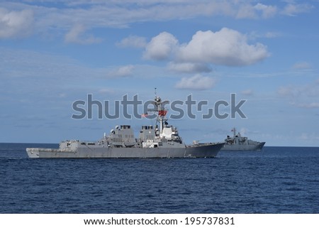 THAI GULF,THAILAND-MAY 23:US Navy ship and Royal Thai Navy ship in Carat 2014 exercise before cancel exercise because coup in Thailand on May 23,2014 in Thai gulf,Thailand
