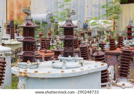 ruined transformer in big city return electric graveyard but it can not repair. many transformer will be garbage and sell to recycle business