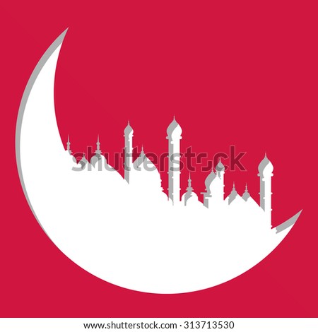 Arabic moon shape paper cutout illustration on red background for Islamic holy month of prayer celebration  for Muslim holiday. Eid al-Adha and Eid al-Fitr