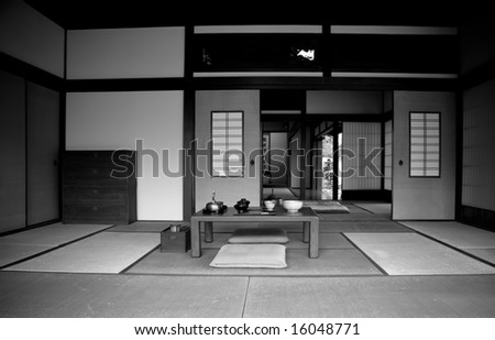 a typical japanese den in black and white in a classic and modern presentation