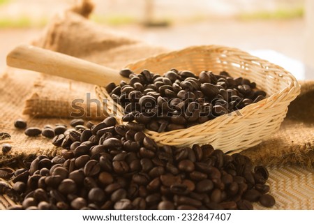 Coffee beans in the basket  on the cloth sack .