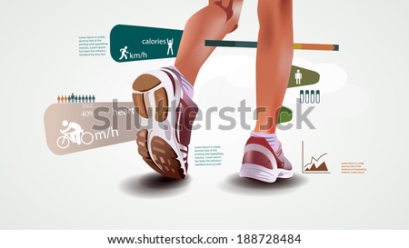 Fitness and sports statistics infographics with sport shoes run statistic Fitness and sports statistics infographics with sport shoes run statistic