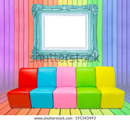 colorful sofa and antique frame in Colorful Wood Room background