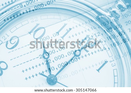 Clock face and book bank statement. Business concept.