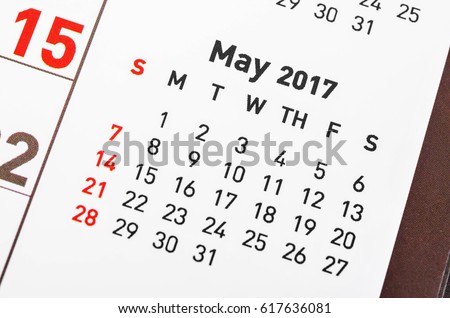 Close up May 2017 calendar page.