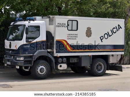 ALCALA DE HENARES, SPAIN - AUGUST 30th 2014: Truck of spanish scientist crime squad police, shown in the exhibition held in Alcala de Henares, on August 30th 2014.