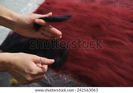 Felting wool by hand. Woman\'s hands laid wool.