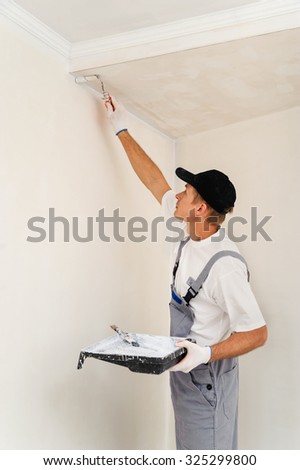 Painting walls and ceilings. Painter paints using roller