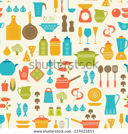 Seamless pattern with kitchen utensils and food.