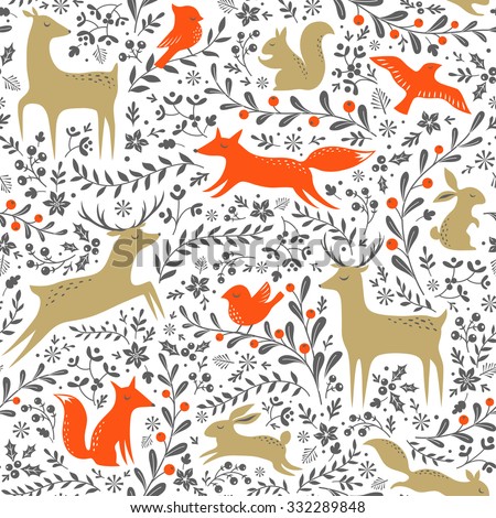 Christmas floral woodland animals seamless pattern on white background