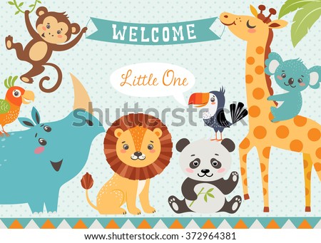 Baby shower design with cute jungle animals. Vector is cropped with Clipping Mask.