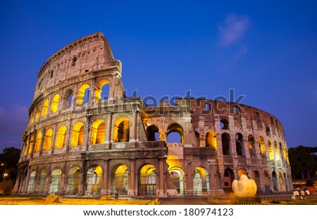 The Coliseum at dusk in Rome, Italy/The Coliseum at dusk/Rome, Italy - September 1 2009 : The Coliseum facade at dusk in Rome, Italy.