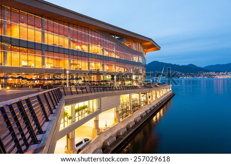 VANCOUVER, CANADA - September 21, 2011 : The new, modern Vancouver Convention Center at dawn in Coal Harbor. Vancouver, British Columbia, Canada.