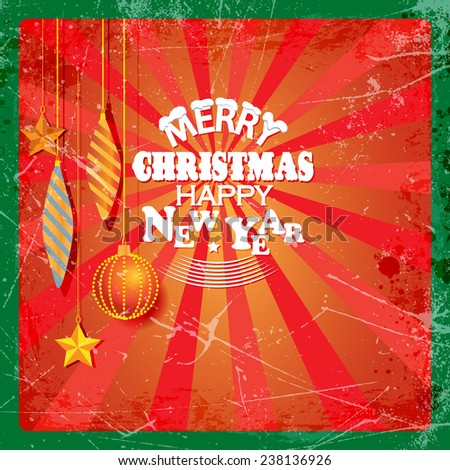 Christmas banner with Christmas decorations, green grunge frame and greeting Ã?Â«Merry ChristmasÃ?Â» and Ã?Â«Happy New yearÃ?Â».vector illustration
