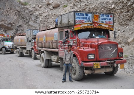 Ladakh, India - Aug, 12: Decorated Indian fuel tanker on August, 12, 2011. Ladakh, India