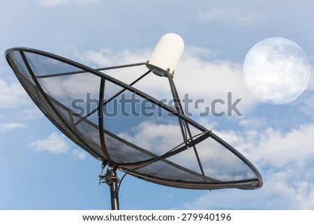 Satellite dish against cloudy sky with moon on sky . . Elements of this image furnished by NASA