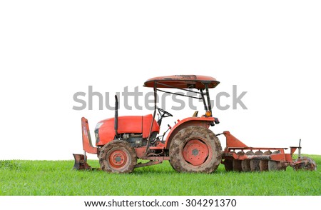 tractor tilling in field isolated on white background