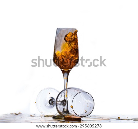 water splash in wine glass with orange colour water