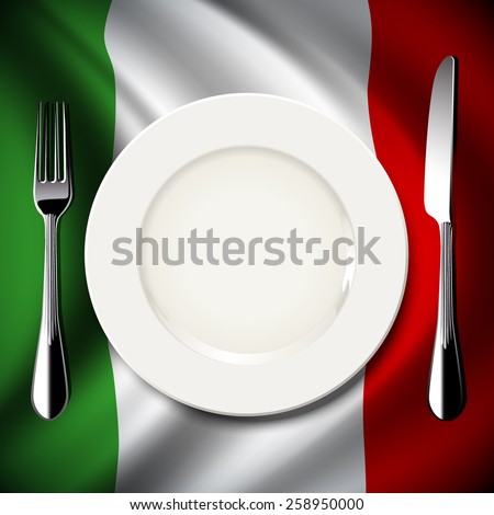 Vector of White plate with knife and fork on Italy flag background. The national food concept.