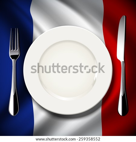 Vector of White plate with knife and fork on France flag background. The national food concept.