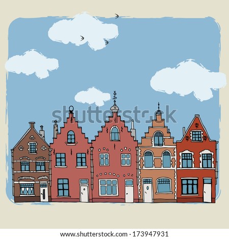 Old-time European houses. Hand-drawn sketch.