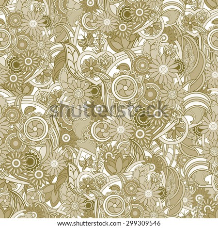 Floral yellow background. Seamless texture with flowers and greenery. Tan and yellow floral seamless texture, waves. Elegance  background, vector.