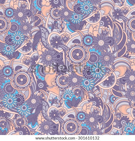 Floral purple and blue background. Seamless texture with flowers and greenery. Flowers in contour. Elegance purple, blue and dark salmon background, Raster.