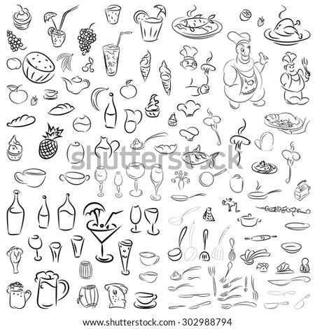 Vector set of crockery, cutlery, wine glasses, fruit, desserts, food and drink. Sketch for restaurants, cafes and bars.Doodles cocktails and desserts, fruits,coffee,alcohol, bar, drink icons.