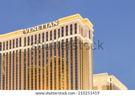 LAS VEGAS, NEVADA, USA - July 14, 2014. The Venetian Resort Hotel Casino on the Las Vegas Strip in the evening light