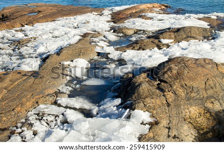 Spring is coming and ice is melting on the rocky shores of the Baltic Sea