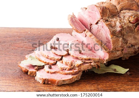 Chopped Boiled Pork On Wooden Board With Spices Isolated On Whote Background
