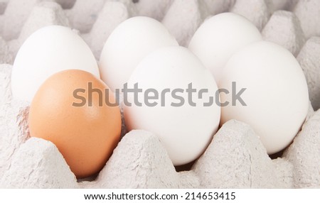 Five White And One Brown Eggs On Tray In Perspective