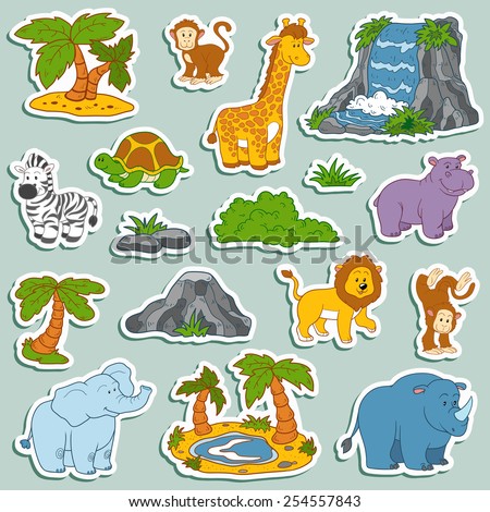 Set of various cute animals, vector stickers of safari animals