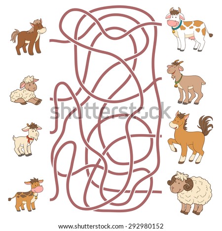 Maze game: help the young find their parents (farm animals: horse, sheep, goat, cow)