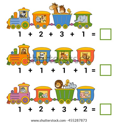 Counting Game for Preschool Children. Educational a mathematical game. Count the animals on the train and write the result. Tasks for addition