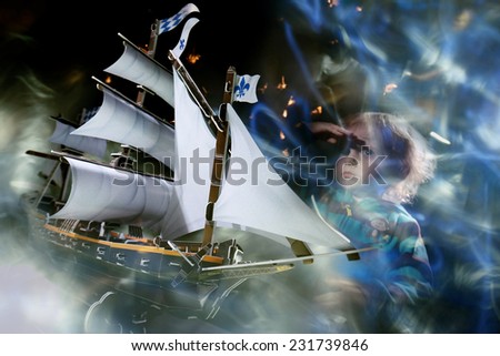 Toy magic ghost ship sails at night in the fog a little boy captain