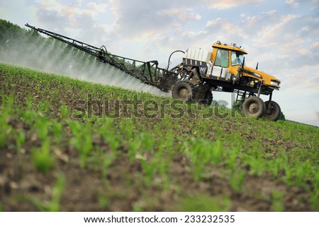 Tractor sprinkling young plants from pests