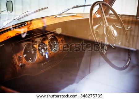 Interior in retro car steering wheel and dashboard