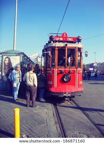 ISTANBUL, TURKEY - November 20 - Nostalgic tram of Istanbul. It runs between Taksim and Tunel via Istikal Caddesi.Taken on Nov 20, 2012.