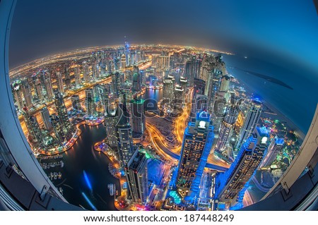 A skyline panoramic view of Dubai Marina showing the Marina and Jumeirah Beach Residence.Dubai Marina is an artificial 3 km canal carved along the Persian Gulf shoreline. DUBAI, UAE