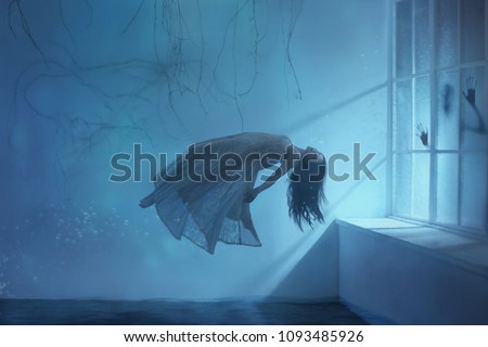 A ghost girl with long hair in a vintage dress. Room under water. A photograph of levitation resembling a dream. A dark Gothic interior with branches and a huge window of flooded light. Art photo