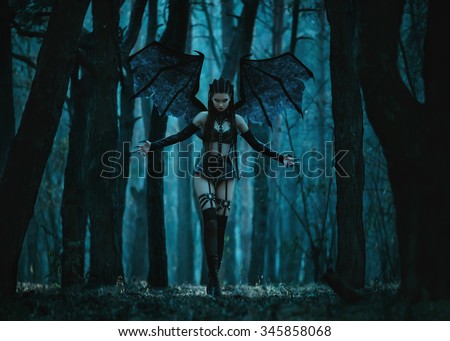 Girl vampire, a demon with bat wings, a succubus,through the dark forest girl walking a bat with huge wings and sexy outfit,fashionable toning,creative computer colors