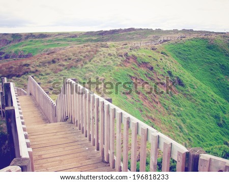 Wooden path to walk around Phillips island, Australia, vintage filter