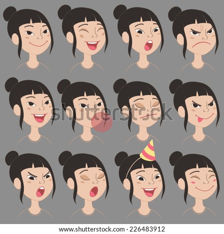 Set of Cartoon Cute Asian Girl Face Emotions Vector Icons