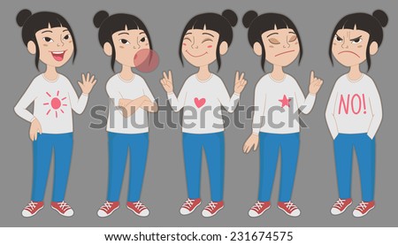 Cartoon style Asian girl in jeans and white t-shirt. Set of original character different standing poses and facial expressions. Vector illustrations collection isolated on background