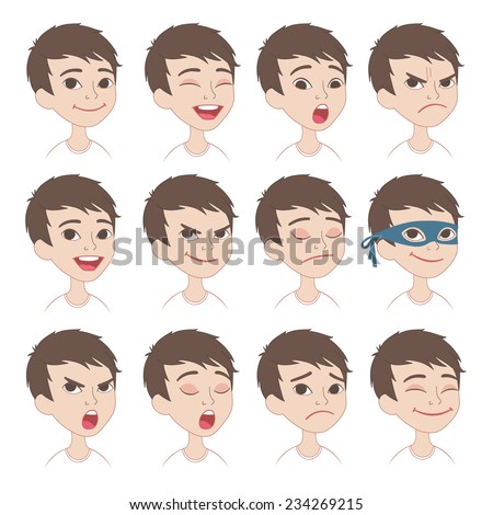 Set of original cartoon character different facial expressions. Caucasian boy face emotions vector icons isolated on background